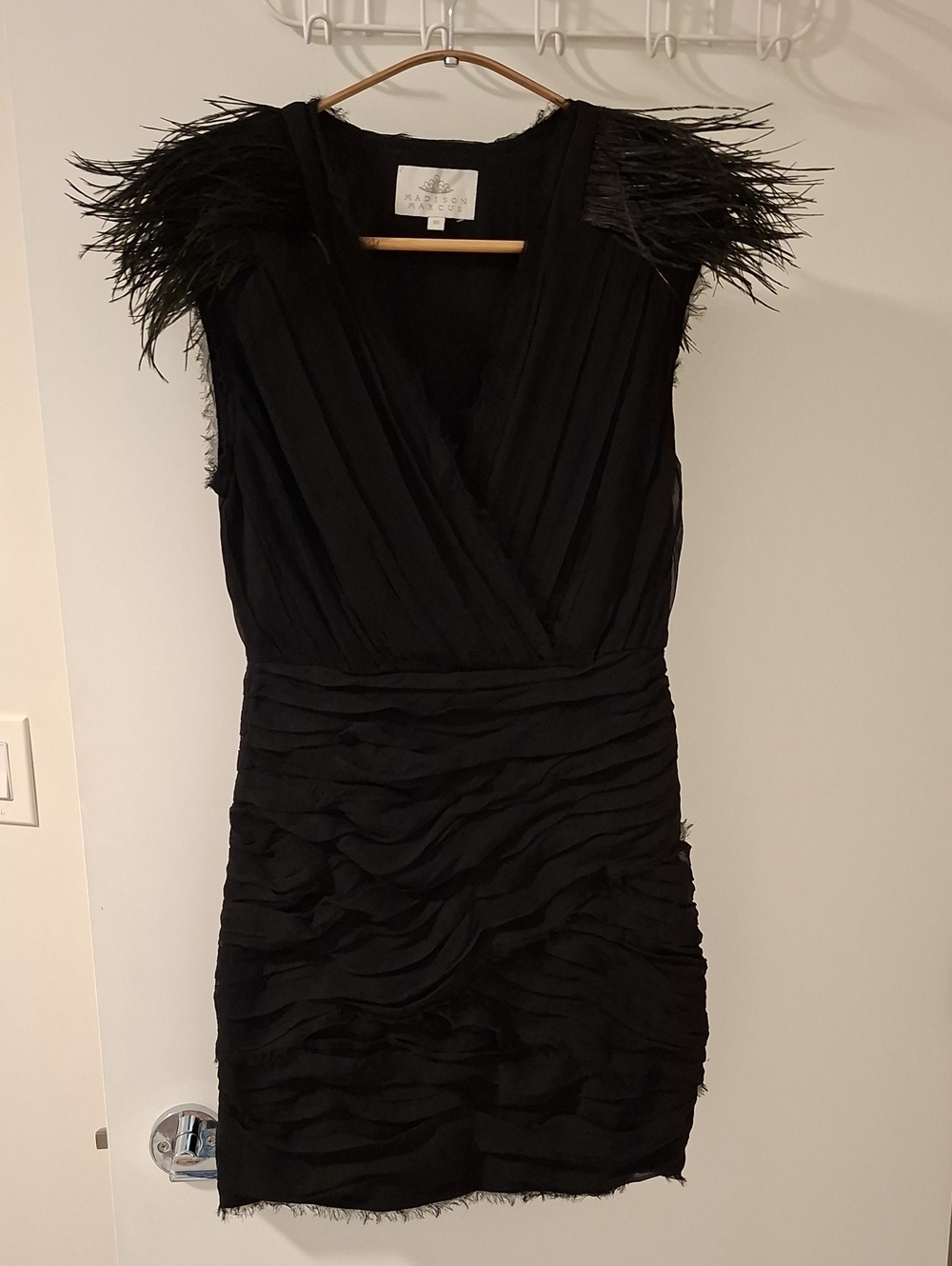 Madison Marcus Luxury 100% Silk Black Mini Dress w/ Ostrich Feathers (Size XS)